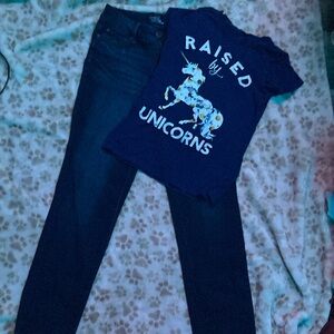 Pre made outfit nazy daisy unicorn shirt with blue jeans straight